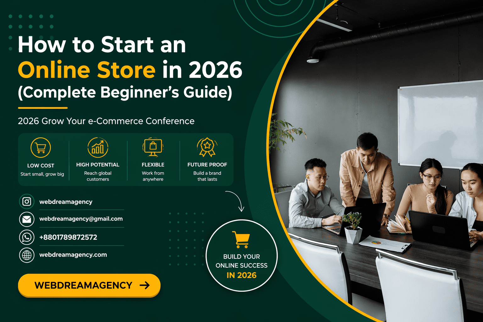 How to start an online store in 2026 guide with ecommerce website design and business team working on laptop