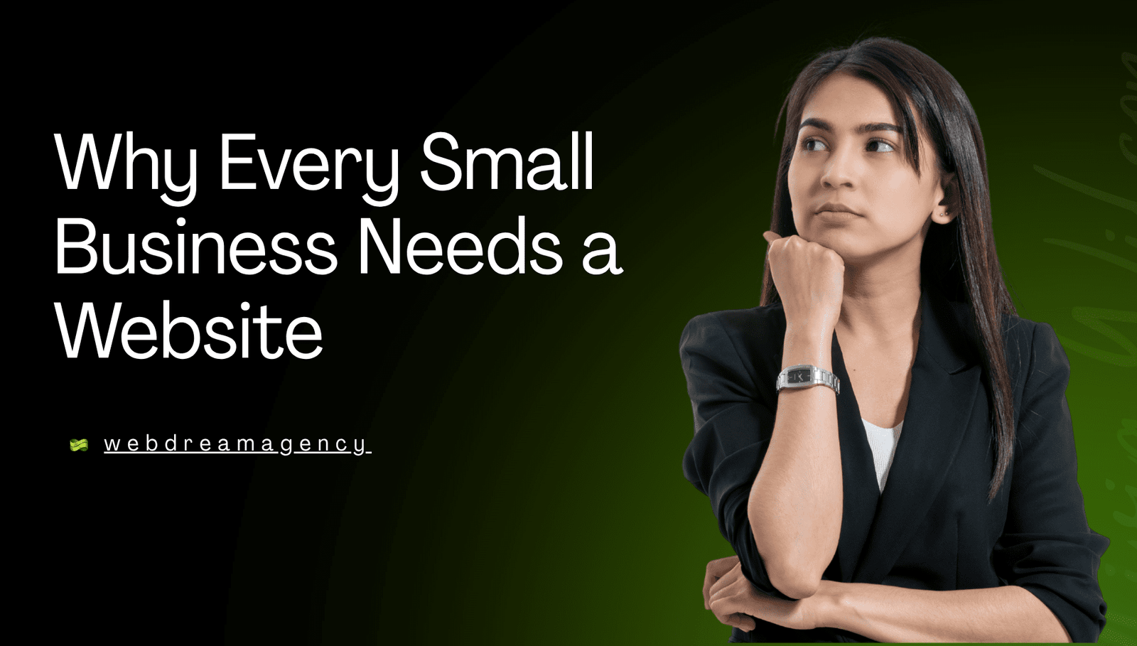 Infographic explaining why every small business needs a website, highlighting benefits like credibility, 24/7 availability, visibility, marketing, and business growth.