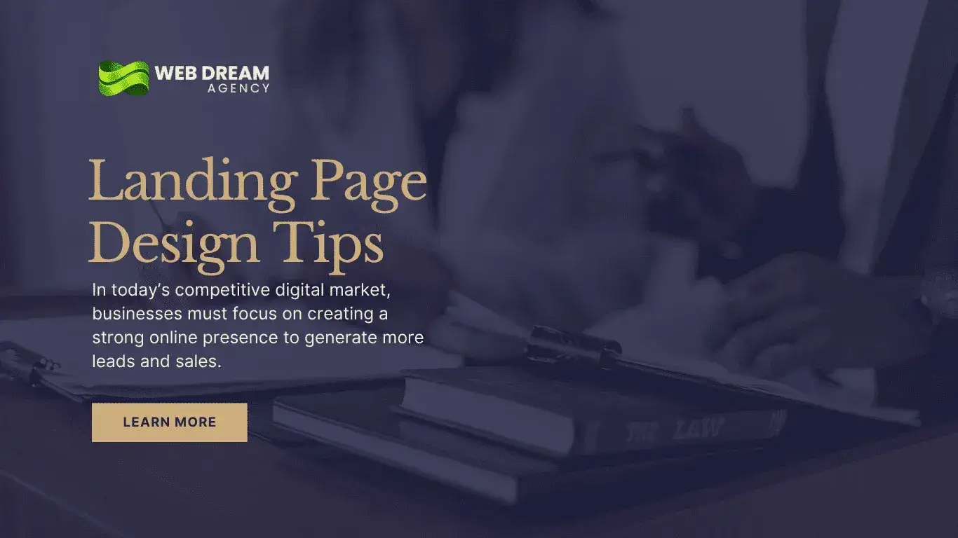 Professional landing page design banner with blurred office meeting background, marketing headline text, and a “Learn More” button.