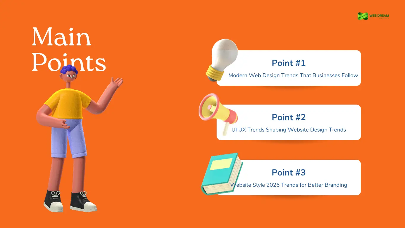 Bright orange presentation slide featuring a 3D cartoon character and three website design trend discussion points.