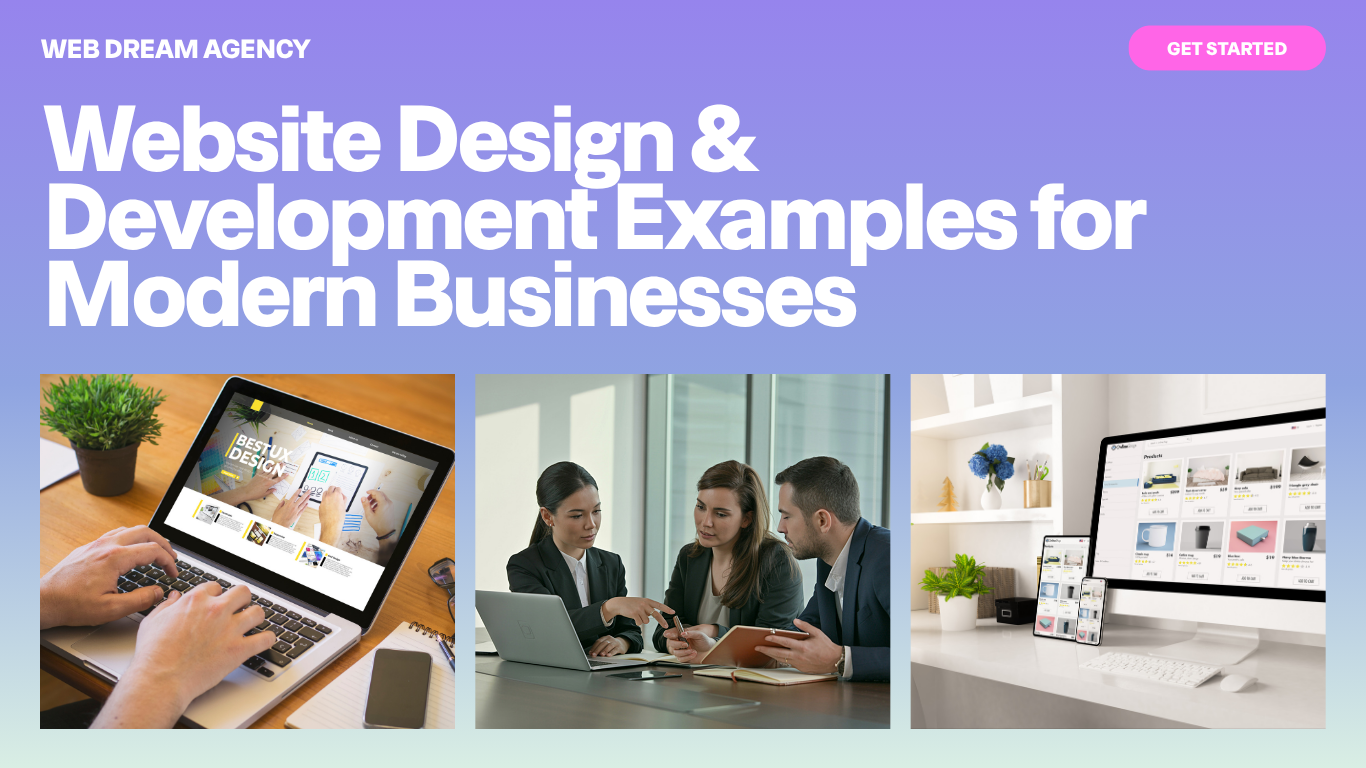 Promotional banner showcasing website design and development examples, featuring modern business websites displayed on laptops, desktops, and collaborative work environments.