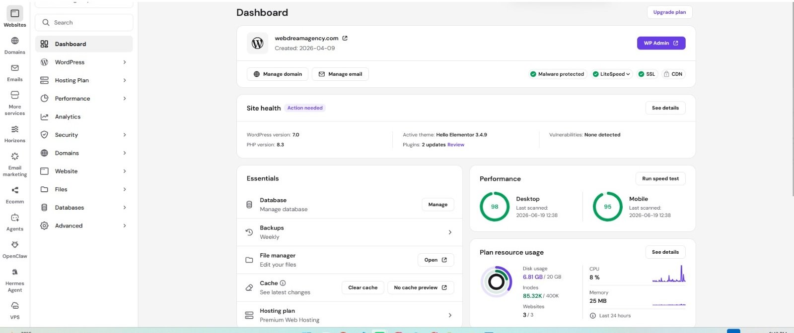 Hostinger dashboard for managing a WordPress login URL and website settings