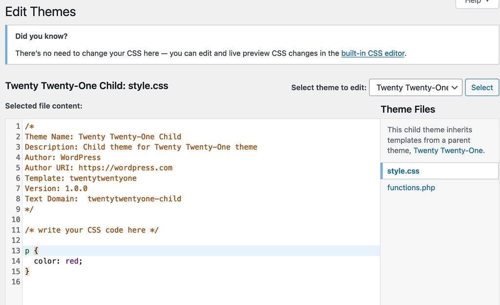 Child theme style.css file